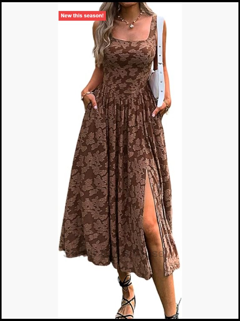 Square Neck Floral Slit Maxi Dress With Pockets